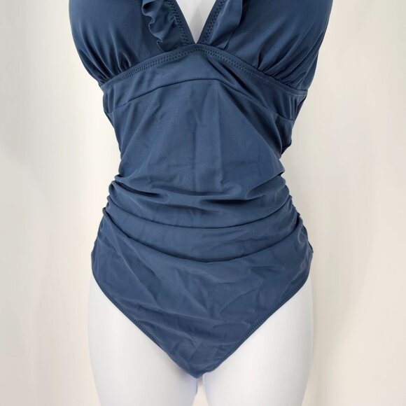 Cupshe Women's Blue Ruffled V Neck Lace Up Back One Piece Swimsuit Size M NWT - Picture 4 of 13